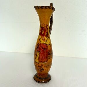 Vintage Romanian Handcrafted Wooden Folk Art Handpainted 10 1/4” Tall Pitcher